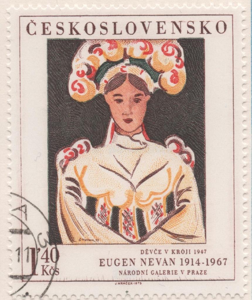 Sello E01957: hoja 131, Checoslovaquia: Sello Multicolor, dentado. Pinturas de la Galería Nacional de Praga. Mujer traje regional. Eugen Nevan. 1947, 1,40 Koruna