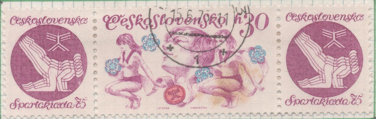 Sello E01922: hoja 127, Checoslovaquia: Sello Lila y narnaja, dentado. Juegos Deportivos de la Espartakiada+ Viñeta. Jovenes Gimnastas, 30 Haleru