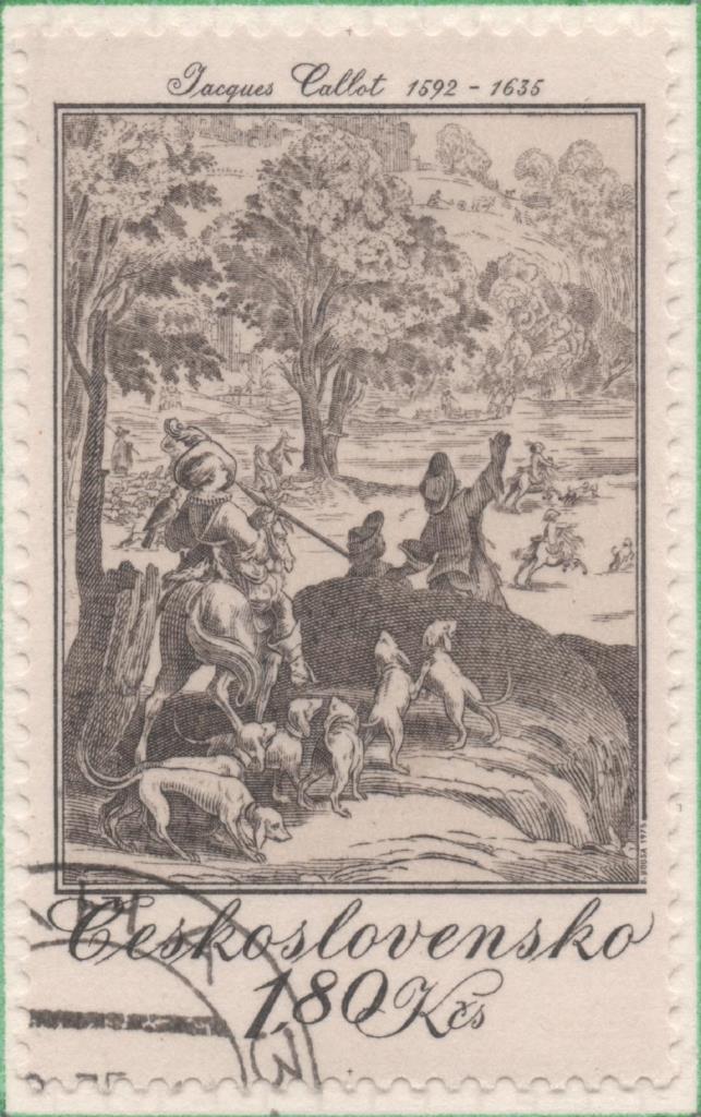 Sello E01918: hoja 126, Checoslovaquia: Sello Gris, dentado. Gravados de Caza. La Gran Caza. Jacques Callot. 1619, 1,80 Koruna