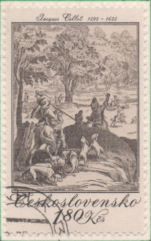 Sello E01918: hoja 126, Checoslovaquia: Sello Gris, dentado. Gravados de Caza. La Gran Caza. Jacques Callot. 1619, 1,80 Koruna