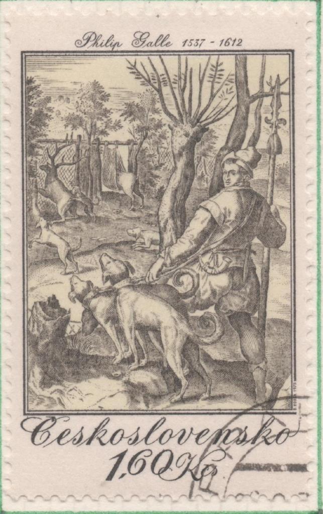 Sello E01917: hoja 126, Checoslovaquia: Sello Gris, dentado. Gravados de Caza. La Caza del Ciervo. Philip Galle. 1578, 1,60 Koruna