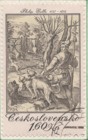 Sello E01917: hoja 126, Checoslovaquia: Sello Gris, dentado. Gravados de Caza. La Caza del Ciervo. Philip Galle. 1578, 1,60 Koruna