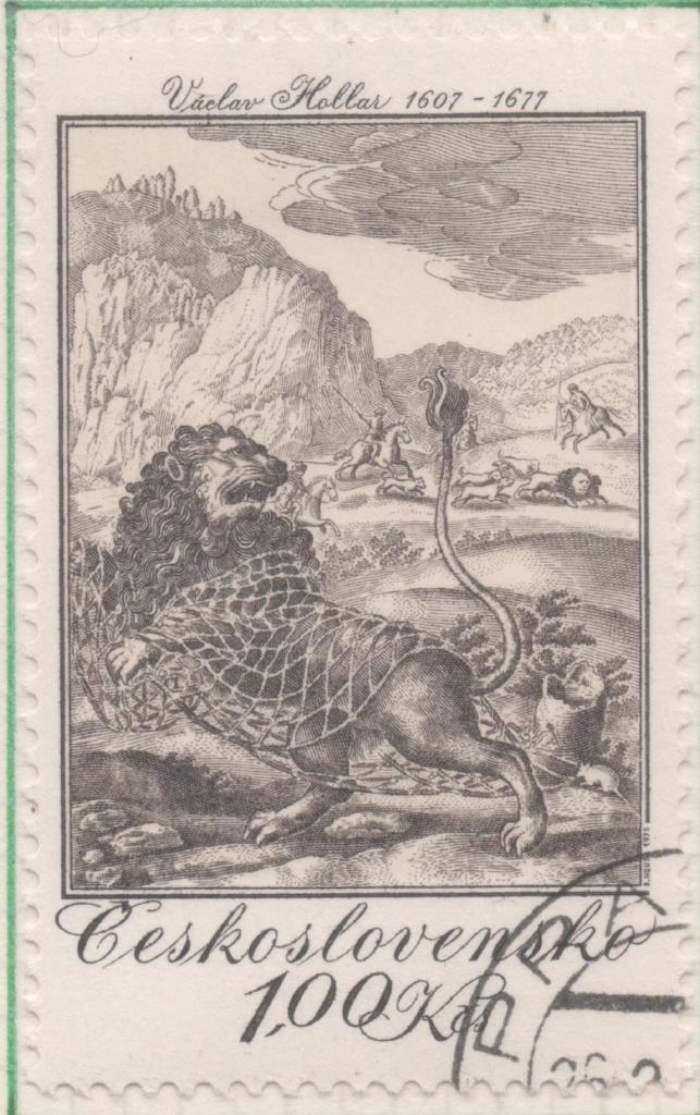 Sello E01916: hoja 126, Checoslovaquia: Sello Gris, dentado.Gravados de Caza. El León y el Ratón. Vaclav Hollar. 1665, 1 Koruna