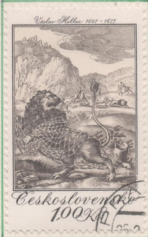 Sello E01916: hoja 126, Checoslovaquia: Sello Gris, dentado.Gravados de Caza. El León y el Ratón. Vaclav Hollar. 1665, 1 Koruna