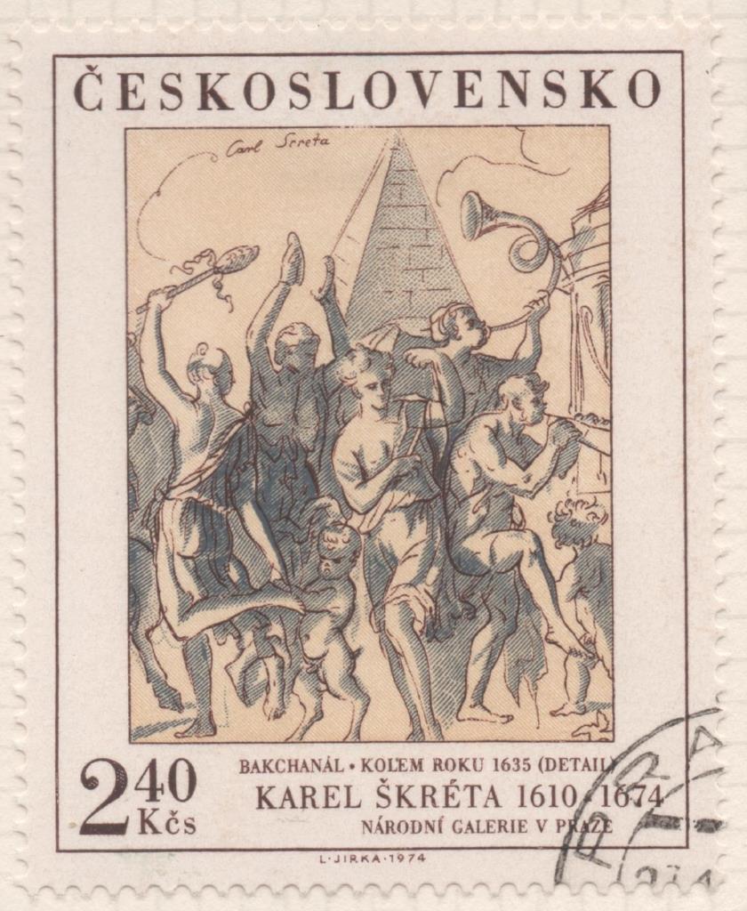 Sello E01913: hoja 126, Checoslovaquia: Sello Amarillo y gris, dentado. Pinturas de la Galería Naccional de Praga. Bacanal. Karel Skreta,1610-1674, 2,40 Koruny