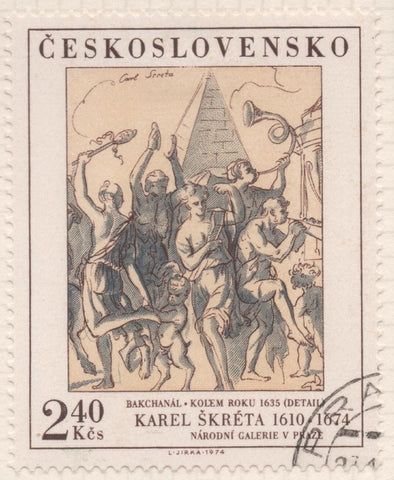 Sello E01913: hoja 126, Checoslovaquia: Sello Amarillo y gris, dentado. Pinturas de la Galería Naccional de Praga. Bacanal. Karel Skreta,1610-1674, 2,40 Koruny