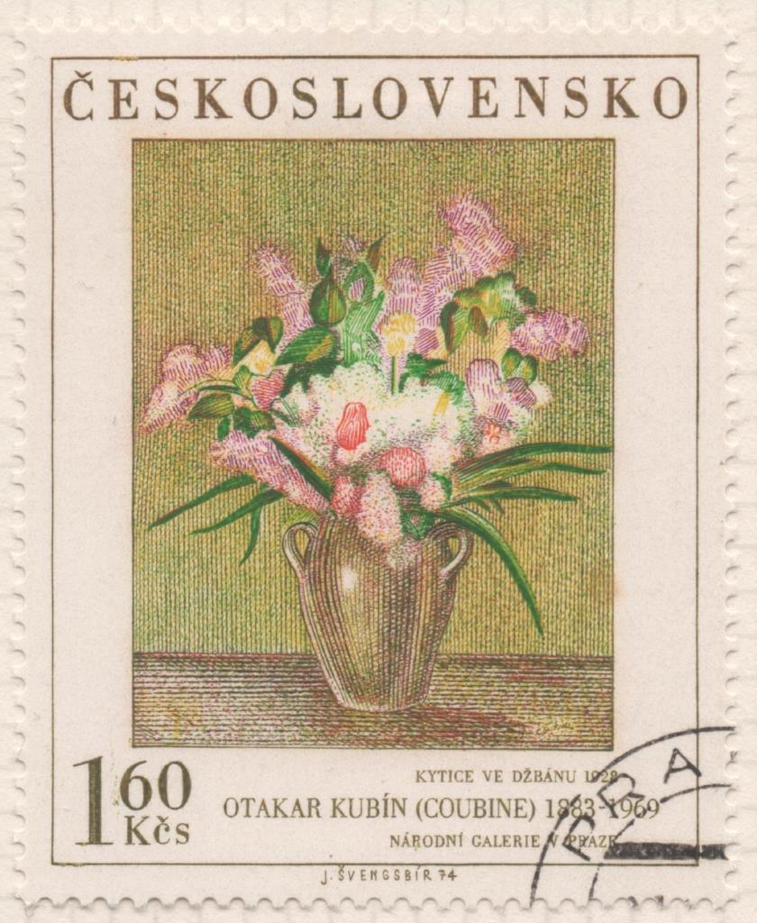 Sello E01911: hoja 126, Checoslovaquia: Sello Multicolor, dentado. Pinturas de la Galería Nacional de Praga.  Jarrón con flores. O. Kubín,1883-1969, 1,60 koruna