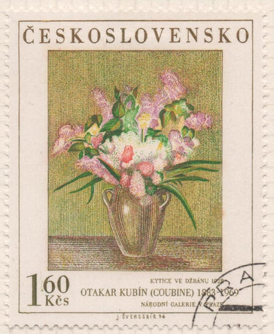 Sello E01911: hoja 126, Checoslovaquia: Sello Multicolor, dentado. Pinturas de la Galería Nacional de Praga.  Jarrón con flores. O. Kubín,1883-1969, 1,60 koruna