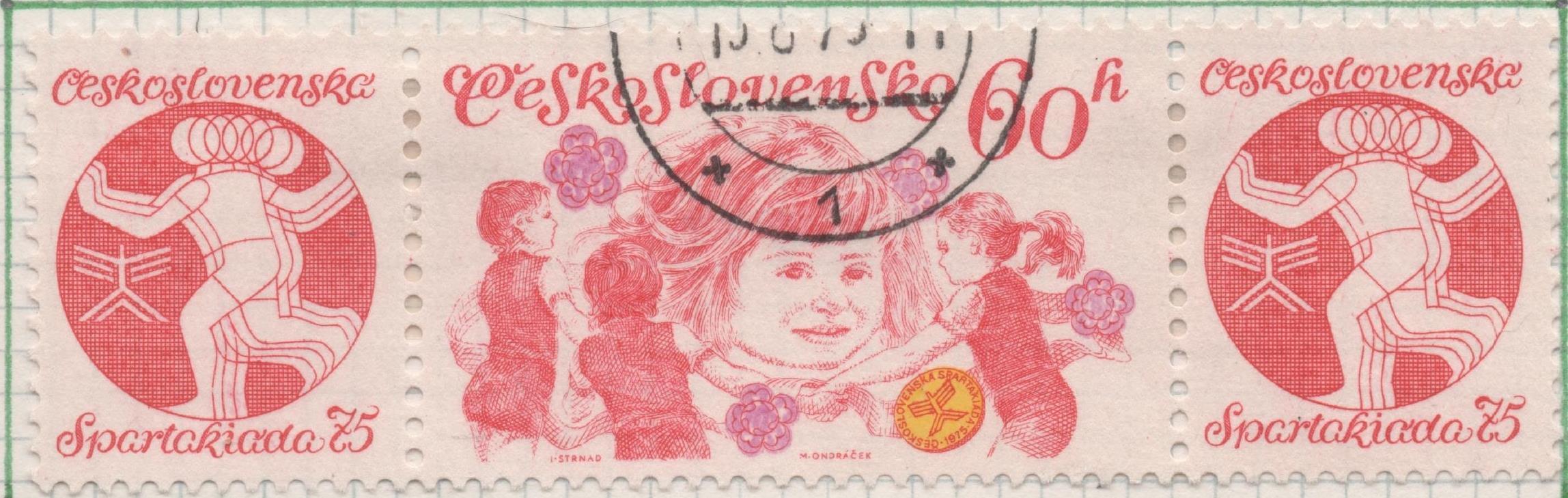 Sello E01923: hoja 127, Checoslovaquia: Sello Rojo oscuro y lila, dentado. Juegos Deportivos de la Espartiakada + Viñeta, Niños jugando, 60 Haleru