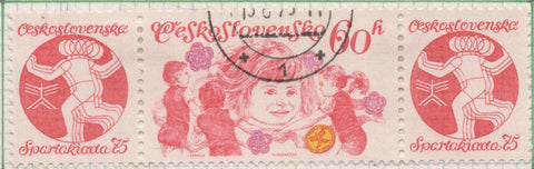 Sello E01923: hoja 127, Checoslovaquia: Sello Rojo oscuro y lila, dentado. Juegos Deportivos de la Espartiakada + Viñeta, Niños jugando, 60 Haleru