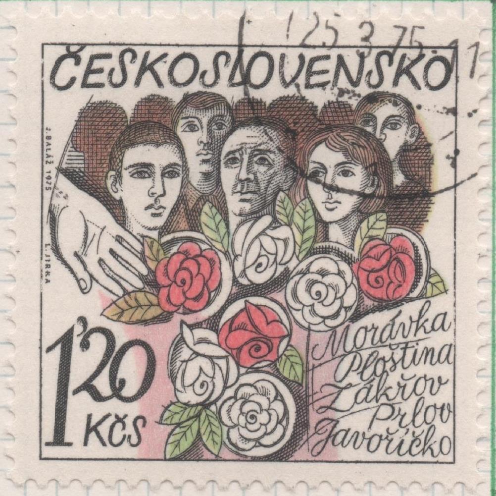 Sello E01908: hoja 125, Checoslovaquia: Sello Multicolor, dentado. XXX Aniversario d ela liberación de Checoslovaquia y de la destrucción de 14 de sus ciudades. Personas y Flores, 1,20 Koruna
