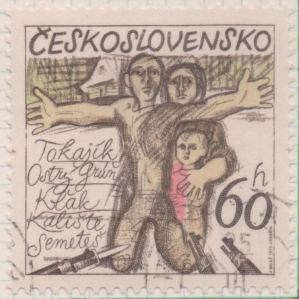 Sello E01906: hoja 125, Checoslovaquia: Sello Marron, verde y rosa, dentado. XXX Aniversario d ela liberación de Checoslovaquia y de la destrucción de 14 de sus ciudades. Familia, 60 Haleru