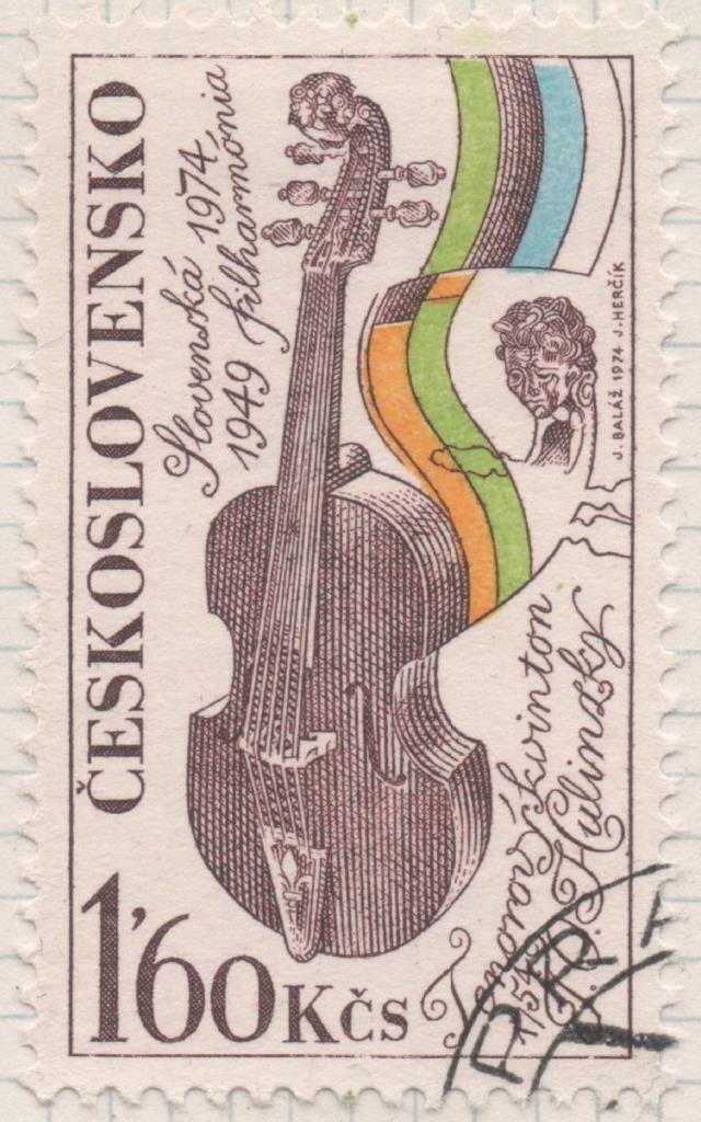 Sello E01900: hoja 125, Checoslovaquia: Sello Multicolor, detnado. Instrumentos Musicales. Contrabajo, 1,60 Koruna