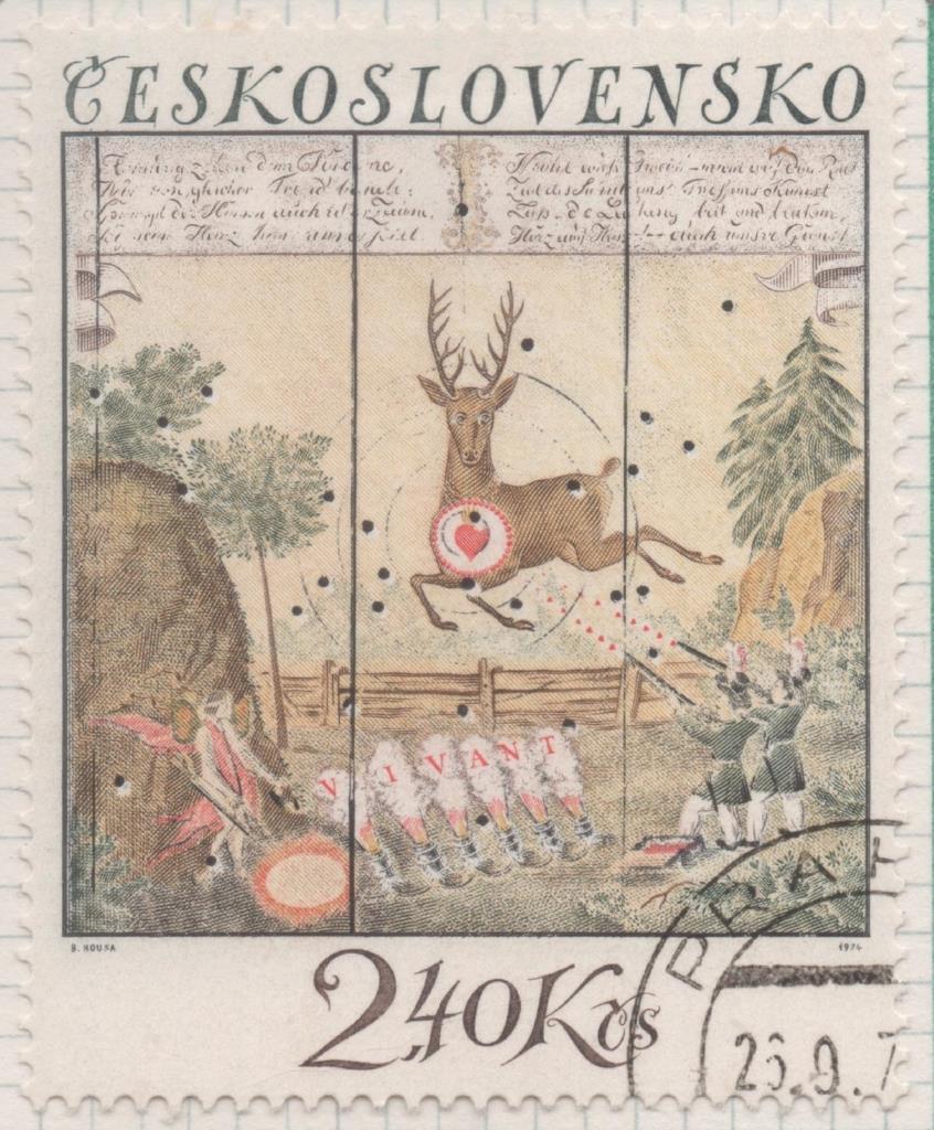 Sello E01894: hoja 124, Checoslovaquia: Sello Multiclor, dentado.Blancos de Diana. Salva por los Buenos Tiradores 1834, 2,40 Koruny