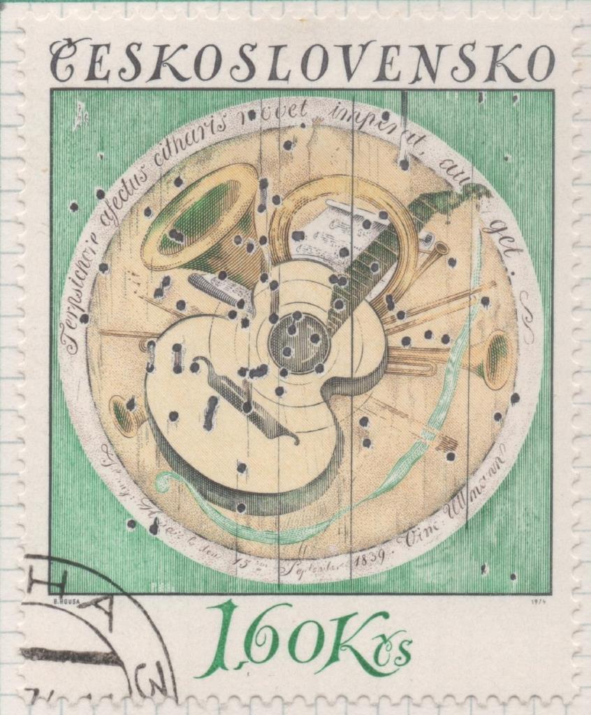 Sello E01893: hoja 124, Checoslovaquia: Sello Multicolor, dentado. Blancos de Diana. Naturaleza Muerta y Guitarra 1839, 1,60 Koruna