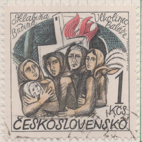 Sello E01907: hoja 125, Checoslovaquia: Sello Multicolor, dentado. XXX Aniversario d ela liberación de Checoslovaquia y de la destrucción de 14 de sus ciudades., Mujeres y llamas, 1 Koruna 