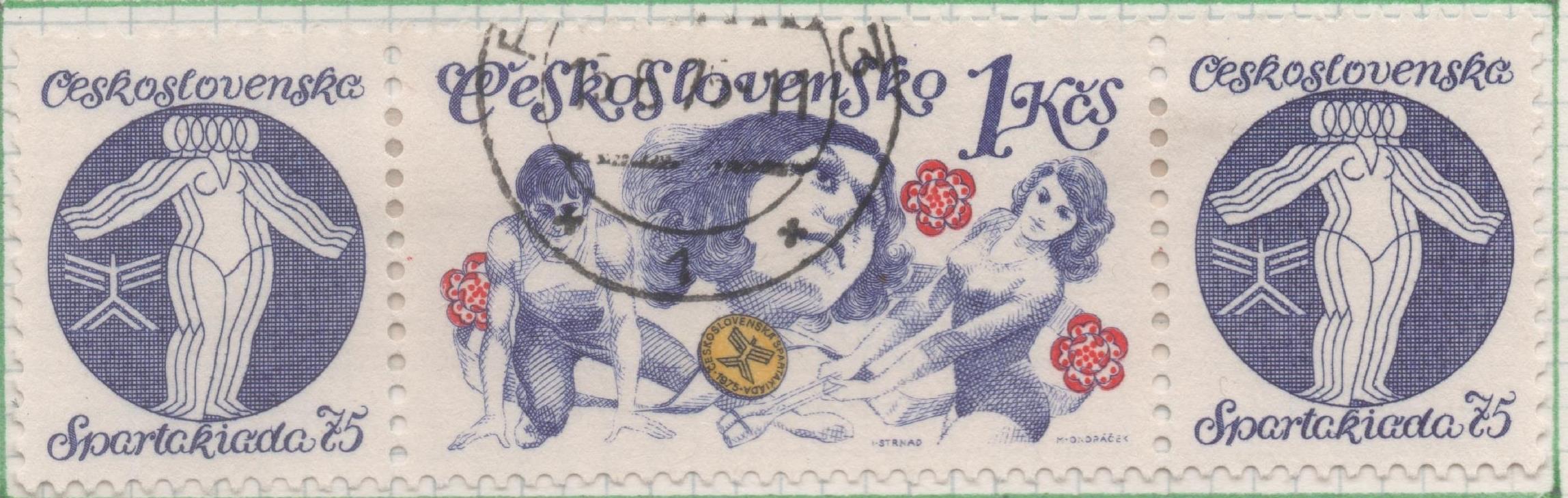 Sello E01924: hoja 127, Checoslovaquia: Sello Violeta ,rojo y amarillo, dentado. Juegos Deportivo de l Espartiakada+ Viñeta, Jovenes Gimnastas, 1 Koruna