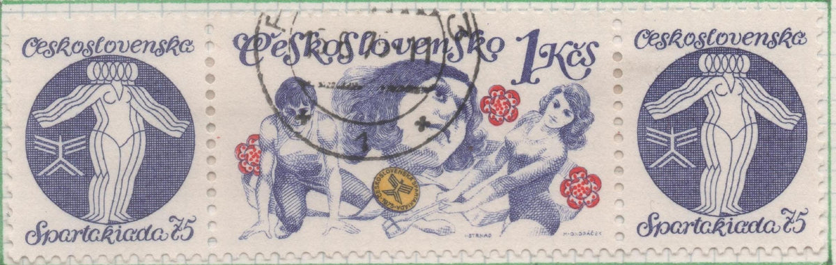 Sello E01924: hoja 127, Checoslovaquia: Sello Violeta ,rojo y amarillo, dentado. Juegos Deportivo de l Espartiakada+ Viñeta, Jovenes Gimnastas, 1 Koruna
