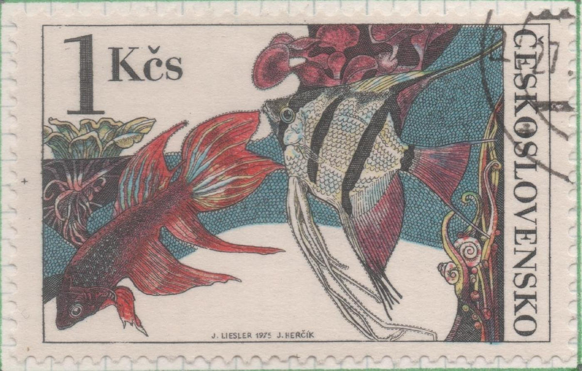 Sello E01926: hoja 127, Checoslovaquia: Sello Multicolor, dentado. Peces de Acuario. Luchador Síames y Pez Ángel, 1 Koruna