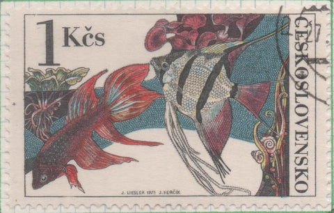 Sello E01926: hoja 127, Checoslovaquia: Sello Multicolor, dentado. Peces de Acuario. Luchador Síames y Pez Ángel, 1 Koruna