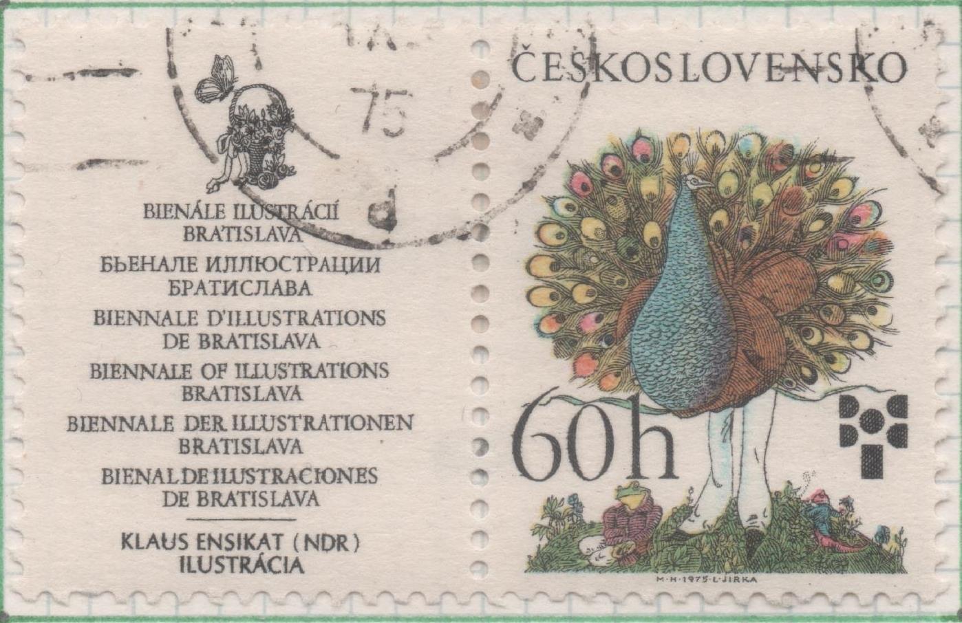 Sello E01951: hoja 130, Checoslovaquia: Sello Multicolor, dentado. VºBienal de Ilustraciones infantiles "Bratislava"+ Viñeta. Pavo real. Klaus Ensikat, 60 Haleru