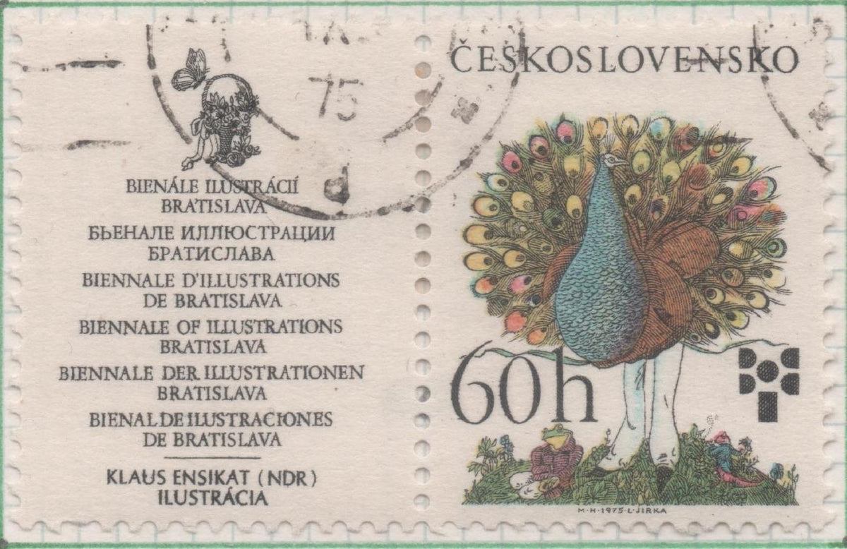 Sello E01951: hoja 130, Checoslovaquia: Sello Multicolor, dentado. VºBienal de Ilustraciones infantiles "Bratislava"+ Viñeta. Pavo real. Klaus Ensikat, 60 Haleru
