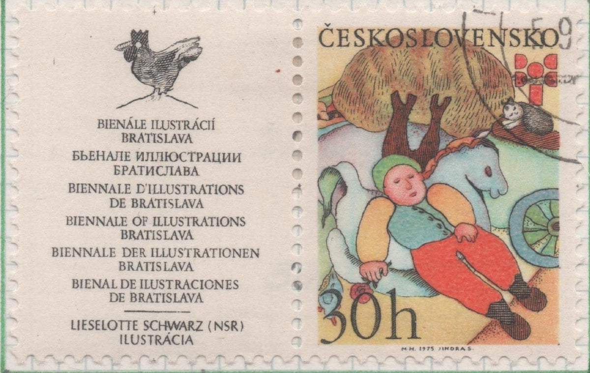 Sello E01949: hoja 130, Checoslovaquia: Sello Multicolor, dentado. Vº Bienal de Iilustraciones Infantiles "Bratislava"+ Viñeta. El soñador. Lieselotte Schwarz, 30 Haleru