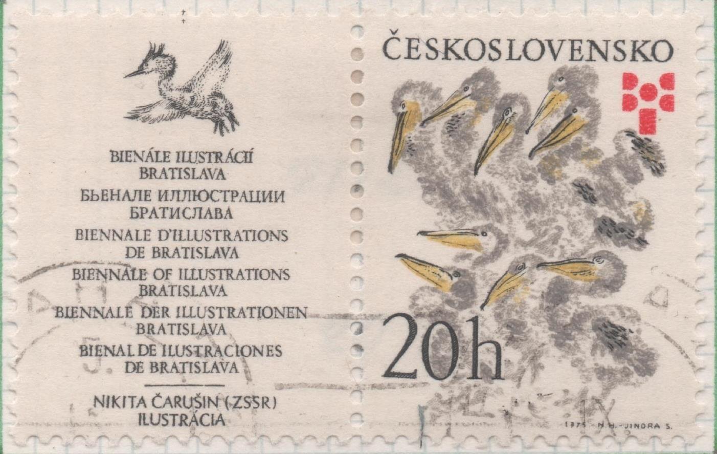 Sello E01948: hoja 130, Checoslovaquia: Sello Multicolor, dentado. V Bienal de Ilustraciones infantiles "Bratislava"+ Viñeta. Pelícanos. Nikita Charushin, 20 Haleru