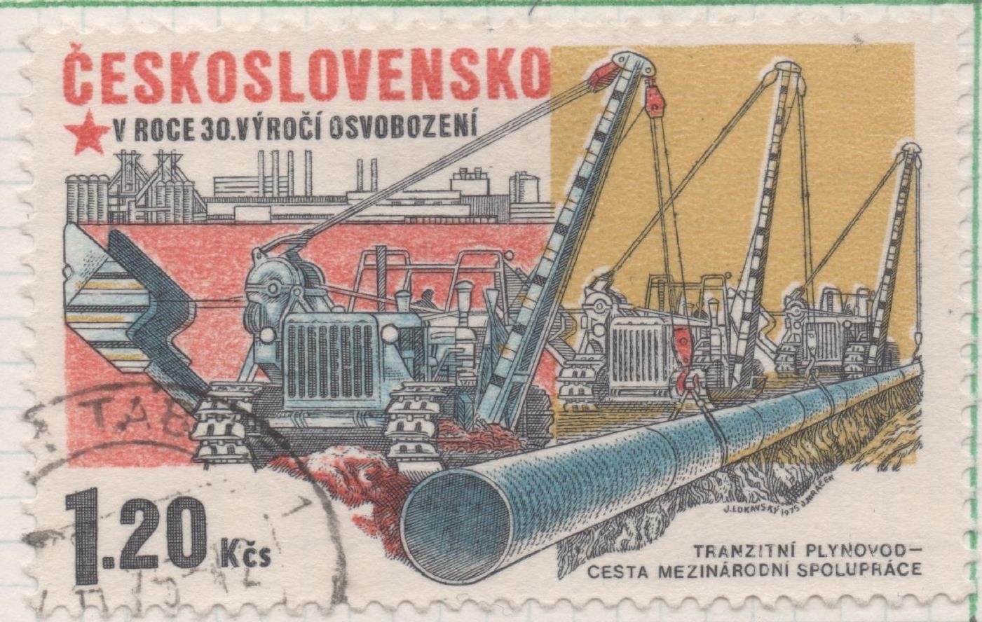 Sello E01947: hoja 129, Checoslovaquia: Sello Multicolor, dentado. Industria Checoslovaca. Construcción del Oleoducto de la Amistad, 1,20 Koruna
