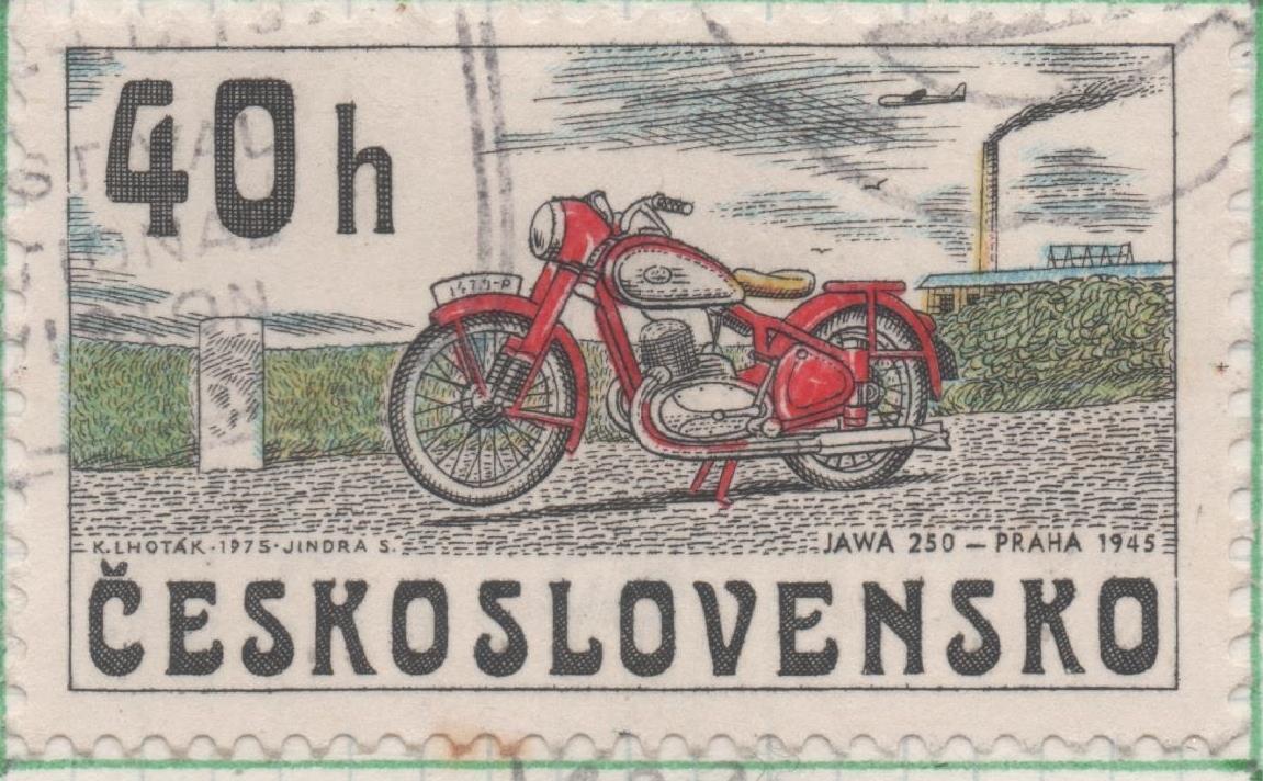 Sello E01938: hoja 129, Checoslovaquia: Sello Multicolor, dentado. Motocicletas Checas. JAWA 250, Praga 1945, 40 Haleru