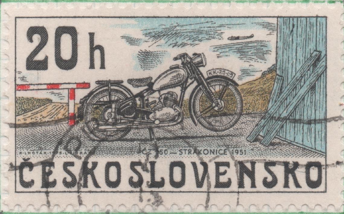 Sello E01937: hoja 129, Checoslovaquia: Sello Multicolor, dentado. Motocicltas Checas. ČZ 150, Strakonice 1951, 20 Haleru