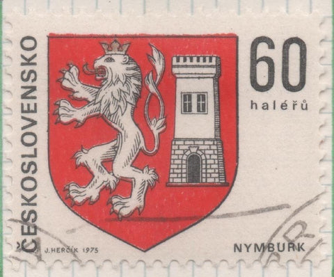 Sello E01934: hoja 128, Checoslovaquia: Sello Blanco, rojo y negro, dentado. Escudos de Capitales Regionales. Nymburk, 60 Haleru