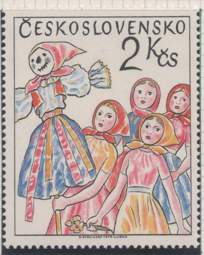 Sello E01933: hoja 128, Checoslovaquia: Sello Multicolor, dentado. Costumbres Folklórica.  Morana, Símbolo de la Muerte e Invierno, 2 Koruny