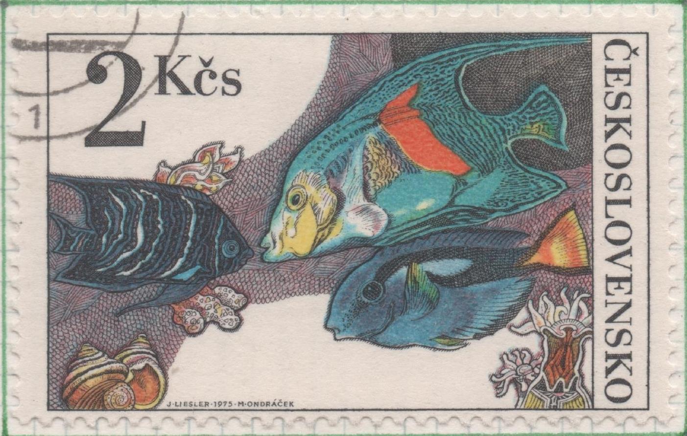 Sello E01929: hoja 127, Checoslovaquia: Sello Multicolor, dentado. Peces de Acuario. Pez Ángel Koran y Pez Cirujano, 2 Koruny