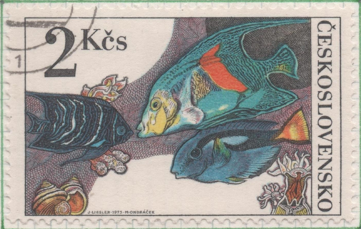 Sello E01929: hoja 127, Checoslovaquia: Sello Multicolor, dentado. Peces de Acuario. Pez Ángel Koran y Pez Cirujano, 2 Koruny