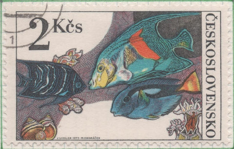 Sello E01929: hoja 127, Checoslovaquia: Sello Multicolor, dentado. Peces de Acuario. Pez Ángel Koran y Pez Cirujano, 2 Koruny