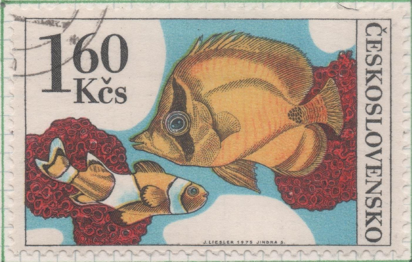 Sello E01928: hoja 127, Checoslovaquia: Sello Multicolor, dentado. Peces de Acuario. Pez Maripos y Pez Payaso., 1,60 Koruna