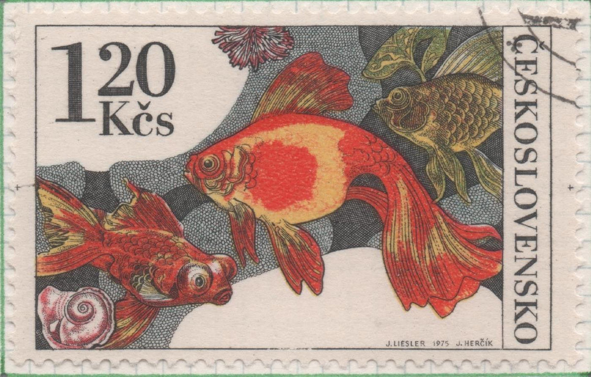 Sello E01927: hoja 127, Checoslovaquia: Sello Multicolor, dentado. Peces de Acuario. Pez Dorado, 1,20 Koruna