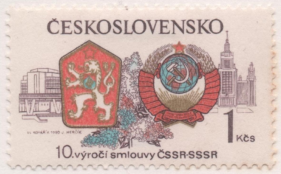 Sello E02122: hoja 151,Checoslovaquia: Sello Multicolor, dentado. Acontecimientos. 10 Añsoo de tratado con  la URSS, 1 Koruna