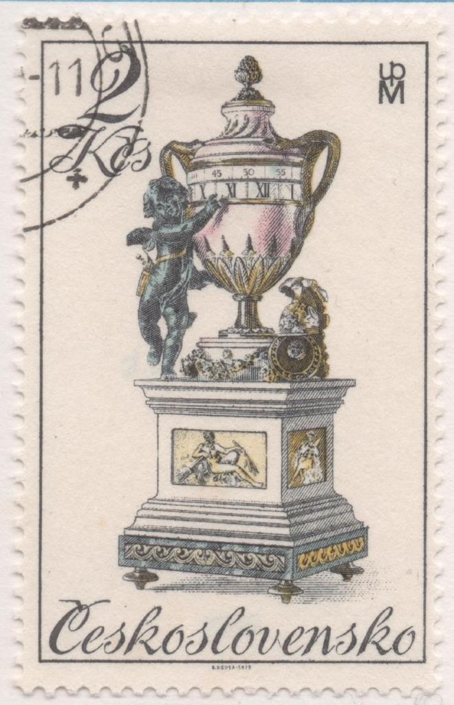 Sello E02114: hoja 148, Checoslovaquia: Sello Dorado, rosa y amarillo, dentado. Relojes Históricos del Siglo XVIII. Clasico del Siglo XVIII, 2 Koruny