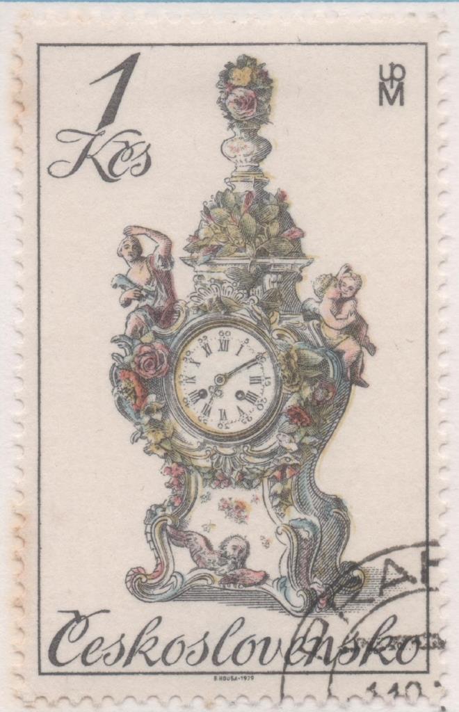 Sello E02113: hoja 148, Checoslovaquia: Sello Dorado y rosa, dentado. Relojes Históricos del Siglo XVIII. Rococó en Porcelana. Sajonia, 1 Koruna