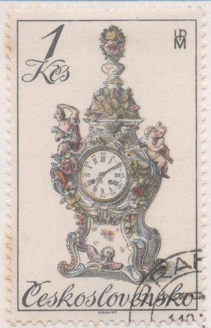 Sello E02113: hoja 148, Checoslovaquia: Sello Dorado y rosa, dentado. Relojes Históricos del Siglo XVIII. Rococó en Porcelana. Sajonia, 1 Koruna