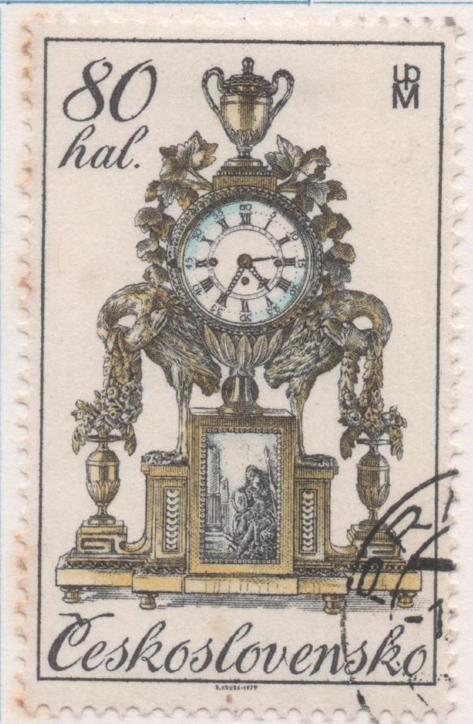 Sello E02112: hoja 148, Checoslovaquia: Sello Dorado y azul, dentado. Relojes Históricos del Siglo XVIII, Clasico Praguense de 1790, 80 Haleru
