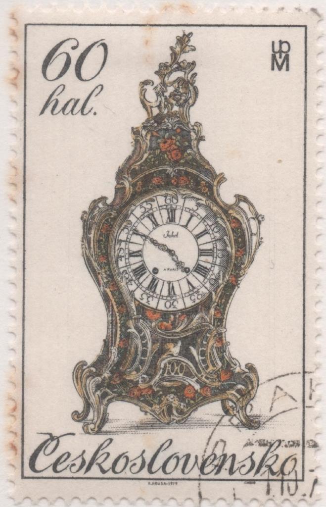 Sello E02111: hoja 148, Checoslovaquia: Sello Dorado y naranja, dentado. Relojes Históricos del Siglo XVIII. Péndulo Rococó Francés, 60 Haleru
