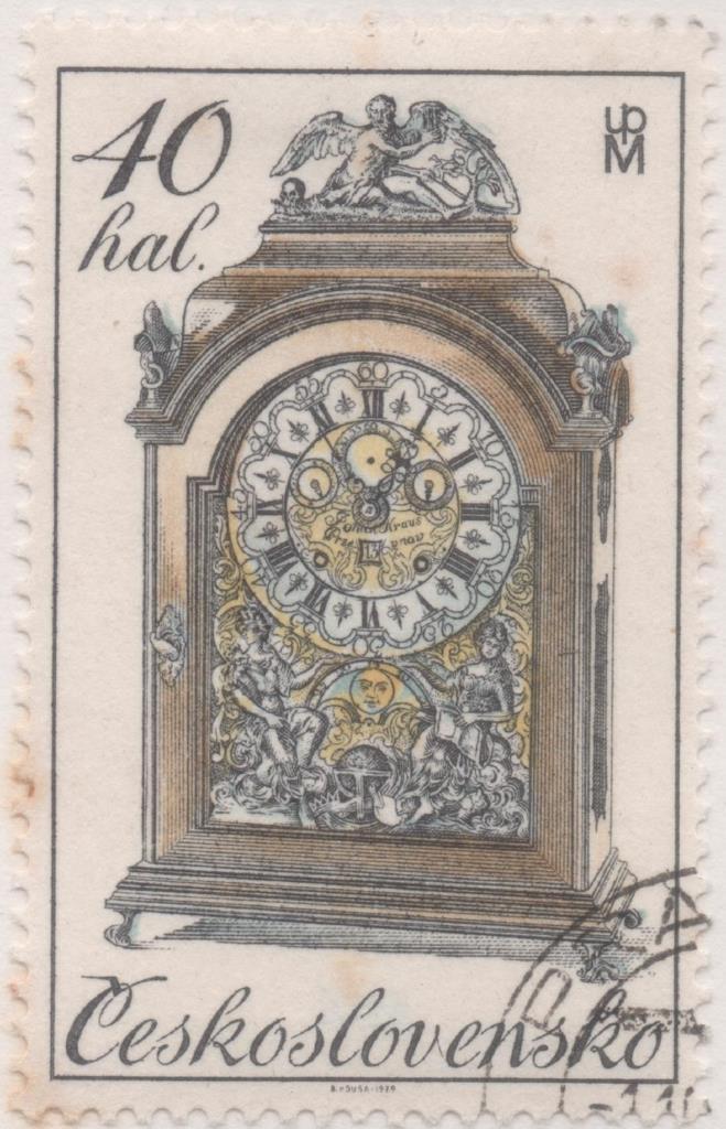 Sello E02110: hoja 148, Checoslovaquia: Sello Dorado y amarillo, dentado. Relojes Históricos del Siglo XVIII. Péndulo Barroco, 40 Haleru