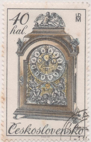 Sello E02110: hoja 148, Checoslovaquia: Sello Dorado y amarillo, dentado. Relojes Históricos del Siglo XVIII. Péndulo Barroco, 40 Haleru