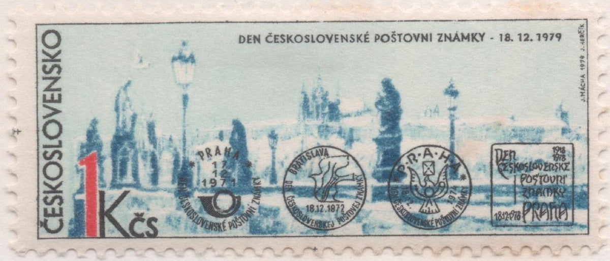 Sello E02109: hoja 147, Checoslovaquia: Sello Azul, rojo y negro, dentado. Día del Sello. La Ciudad de Praga y Matasellos, 1 Koruna