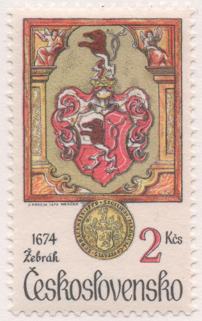 Sello E02103: hoja 146, Checoslovaquia: Sello Multicolor, dentado. Escudos de Ciudades. Žebrák. 1674, 2 Koruny