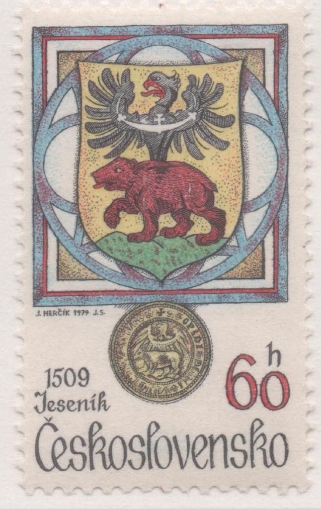Sello E02100: hoja 146, Checoslovaquia: Sello Multicolor, dentado. Escudos de Ciudades. Jeseník. 1509, 60 Haleru