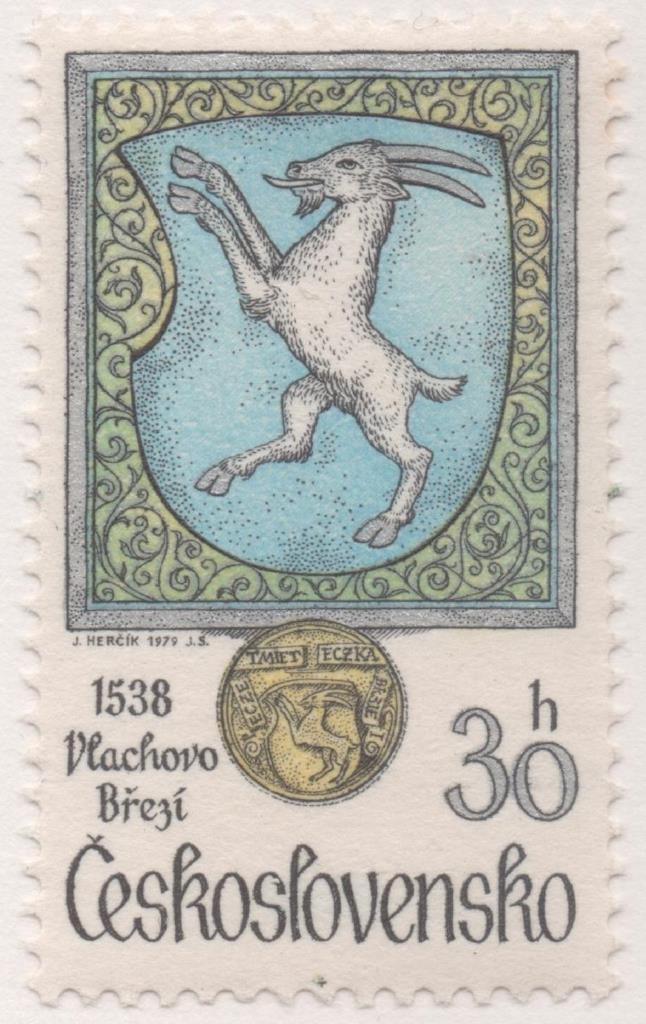 Sello E02099: hoja 146, Checoslovaquia: Sello Multicolor, dentado. Escudos de Ciudades. Vlachovo Březí. 1538, 30 Haleru